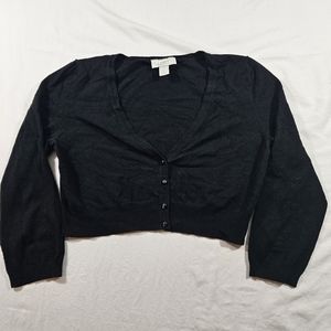 Loft Cardigan Womens Black Small Pearl Snap Buttons V-Neck Cropped Cardigan